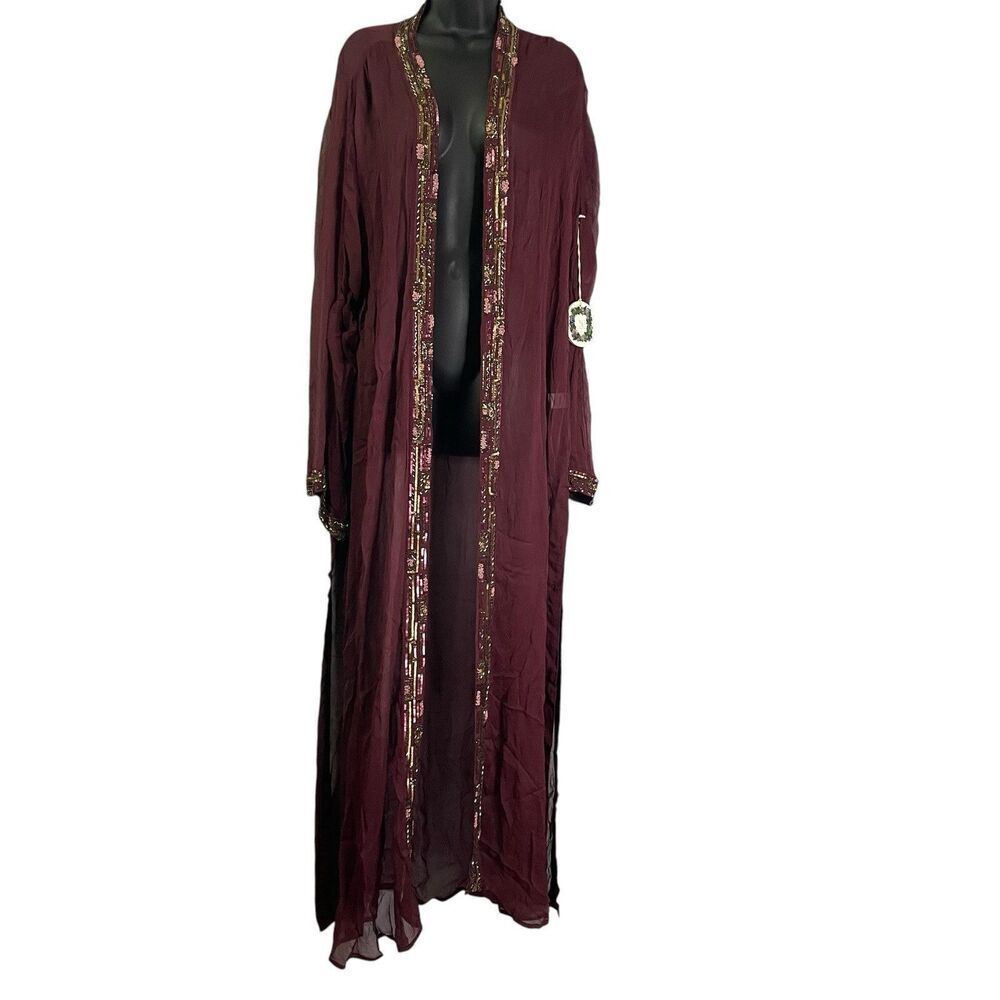La Fuori Silk Beaded Sequin Topper Duster in Burgundy/Mauve Large Coverup